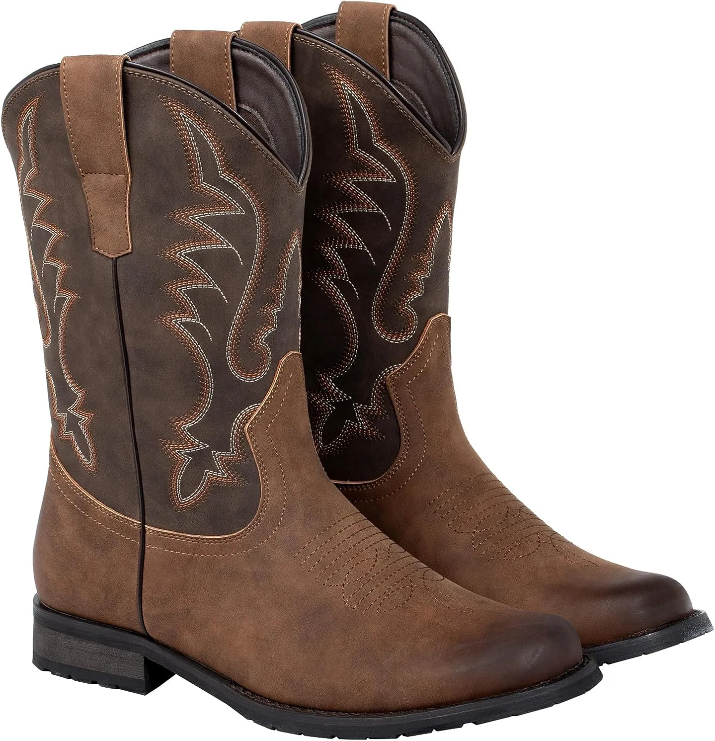J's.o.l.e Western Cowboy Boots for Men Round Toe Wide Mid Calf Classic Retro Embroidered 2-Tone Brown Boot
