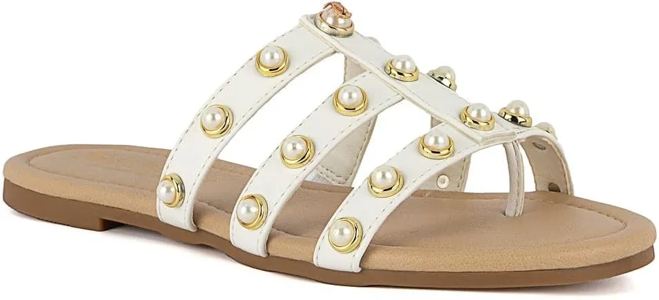 Juicy Couture Women's Slide Sandal – Flat, Dressy, Comfortable, Vegan Leather, Pearl Embellished Slides for Casual & Summer Wear