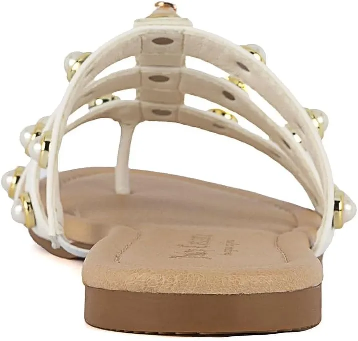 Juicy Couture Women's Slide Sandal – Flat, Dressy, Comfortable, Vegan Leather, Pearl Embellished Slides for Casual & Summer Wear
