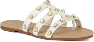 Juicy Couture Women's Slide Sandal – Flat, Dressy, Comfortable, Vegan Leather, Pearl Embellished Slides for Casual & Summer Wear