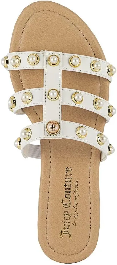 Juicy Couture Women's Slide Sandal – Flat, Dressy, Comfortable, Vegan Leather, Pearl Embellished Slides for Casual & Summer Wear