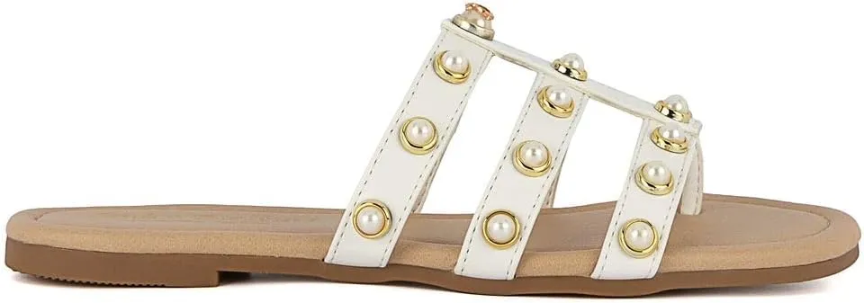 Juicy Couture Women's Slide Sandal – Flat, Dressy, Comfortable, Vegan Leather, Pearl Embellished Slides for Casual & Summer Wear