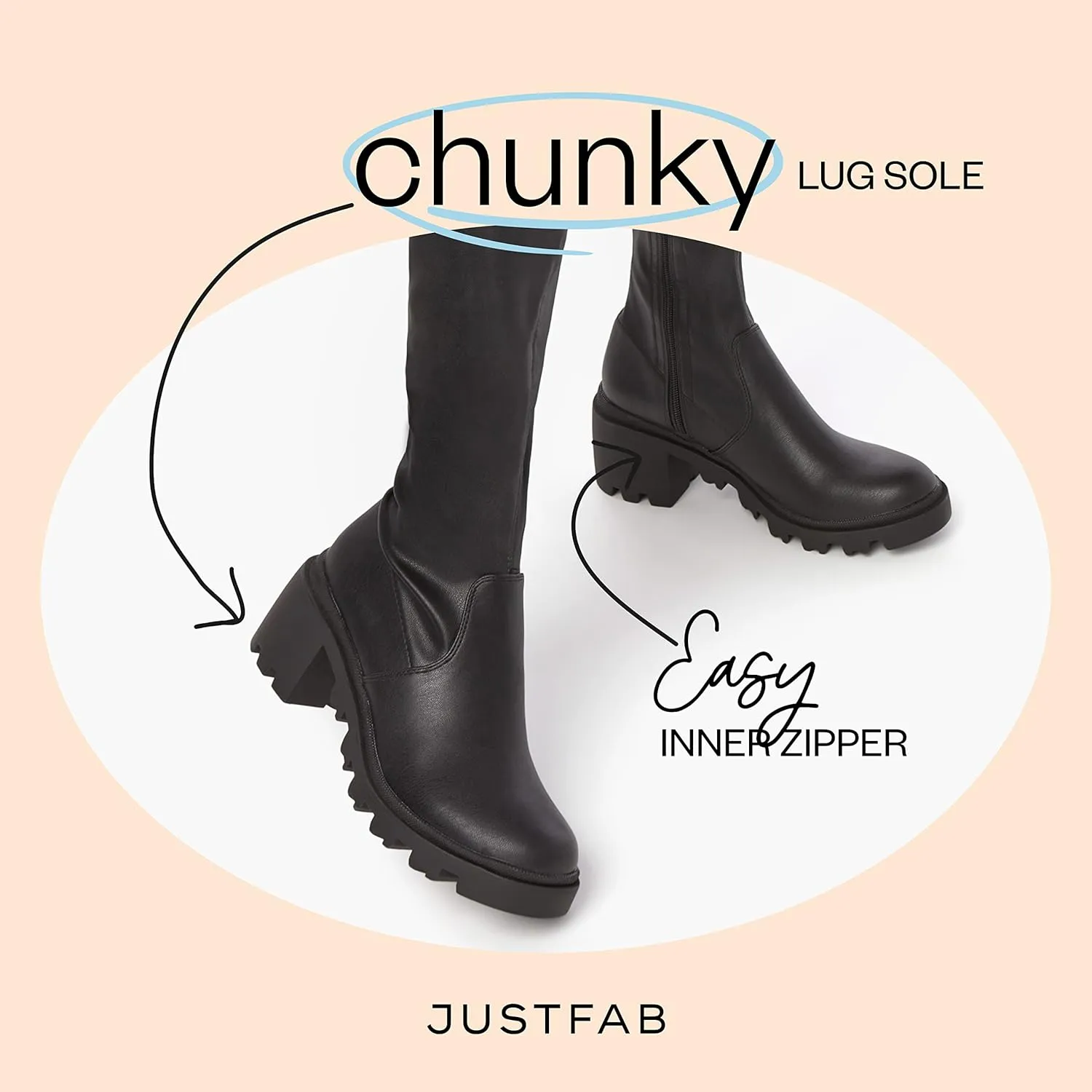 JustFab Thigh High Boots for Women - Black Faux Leather Over-the-Knee Boots with Chunky Heel - Jordane