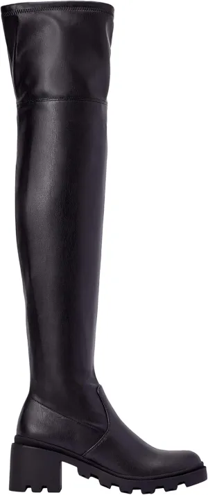 JustFab Thigh High Boots for Women - Black Faux Leather Over-the-Knee Boots with Chunky Heel - Jordane