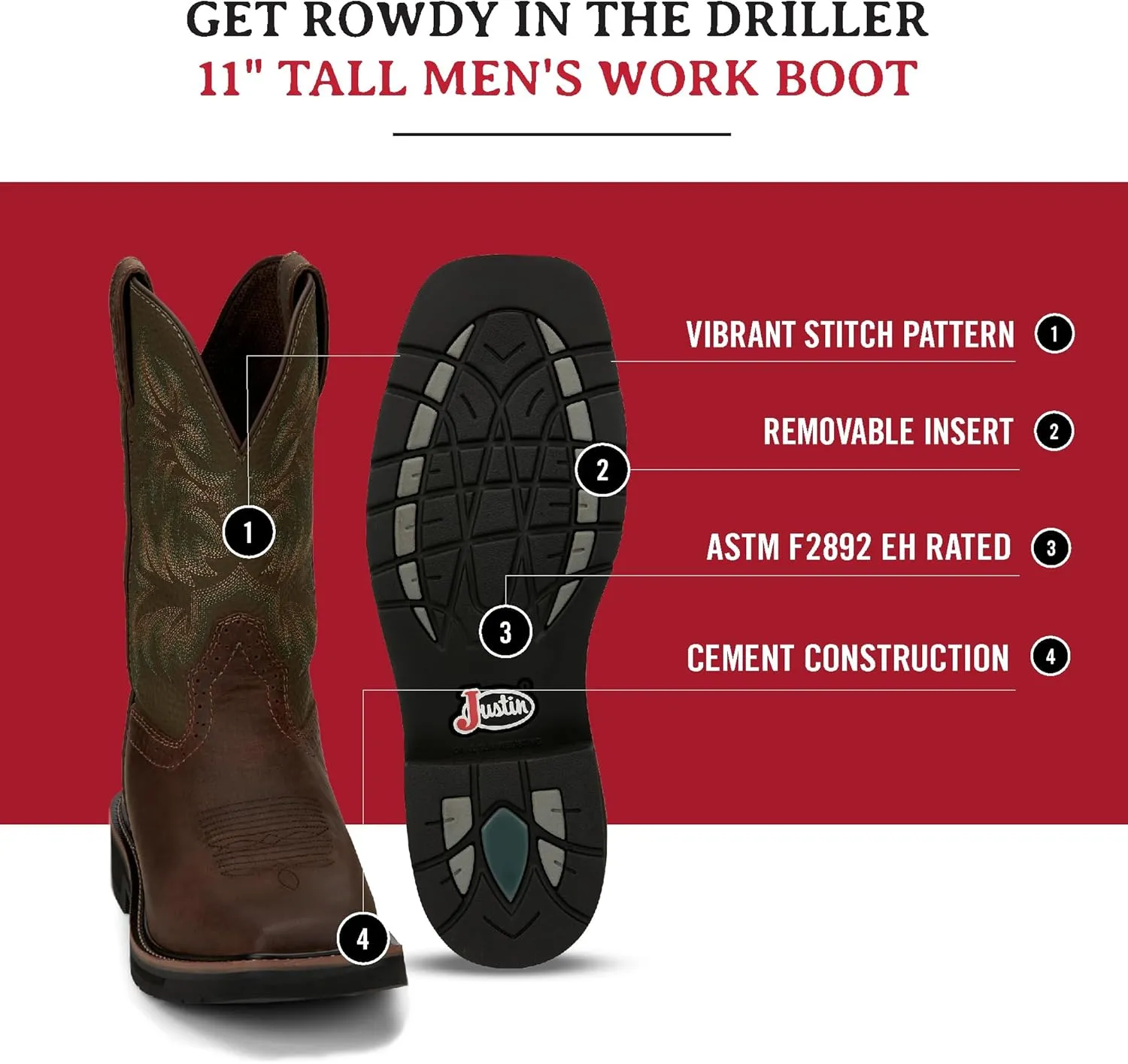 Justin Men's Driller 11'' Square Toe Work Boot