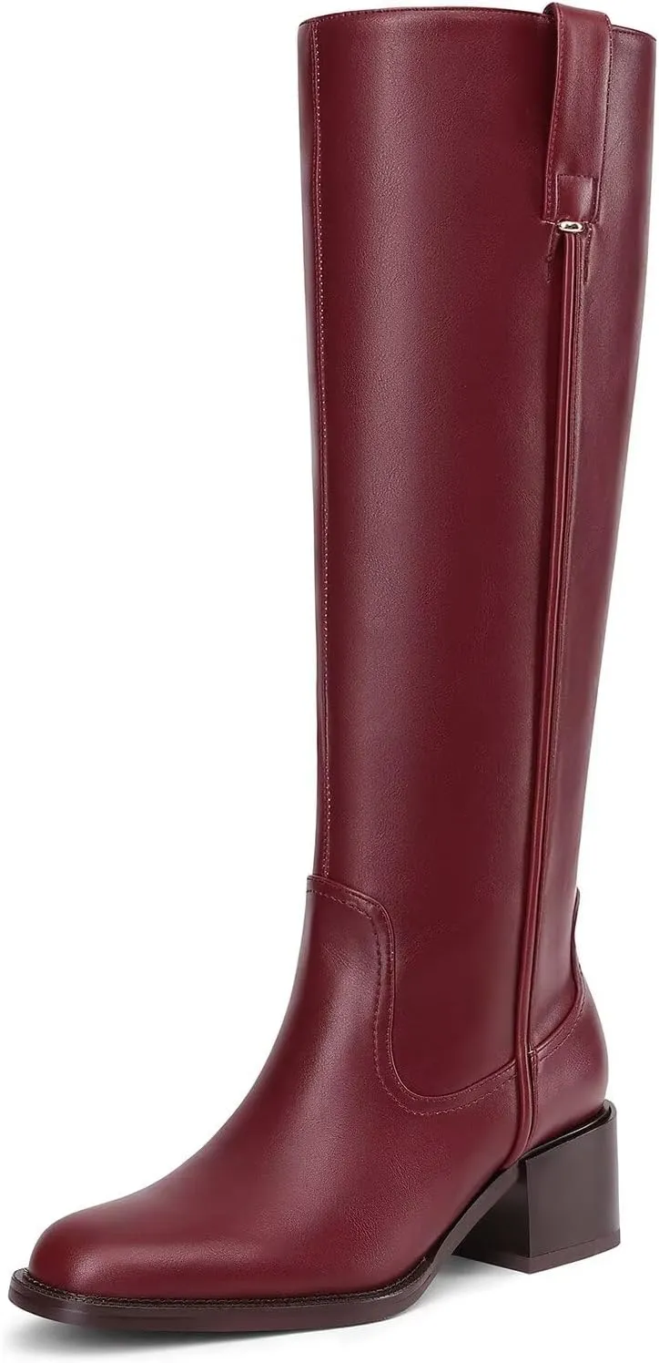 Knee High Boots For Women Chunky Heel Round Toe Leather Patent Boots Low Block Heel Tall Boots With Side Zipper