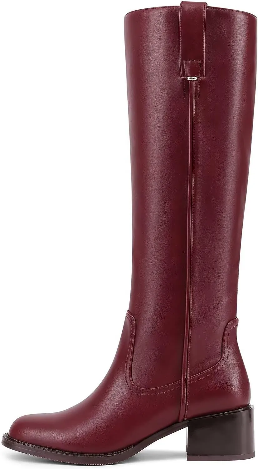 Knee High Boots For Women Chunky Heel Round Toe Leather Patent Boots Low Block Heel Tall Boots With Side Zipper