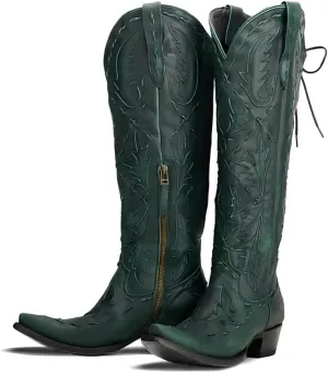 Knee High Cowboy Boots for Women Pointed Toe Side Zipper Cowgirl Boots Women's Back Lace up Chunky Heel Western shoes