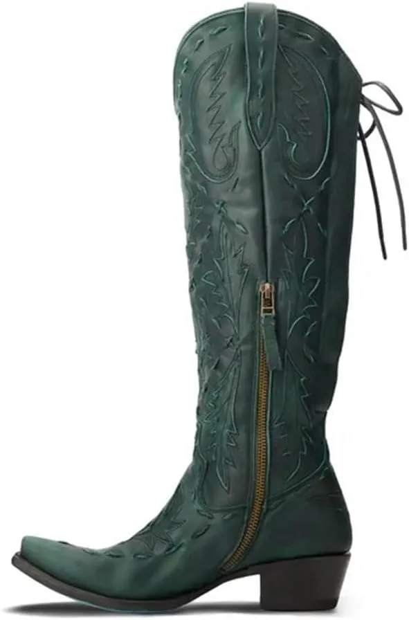 Knee High Cowboy Boots for Women Pointed Toe Side Zipper Cowgirl Boots Women's Back Lace up Chunky Heel Western shoes