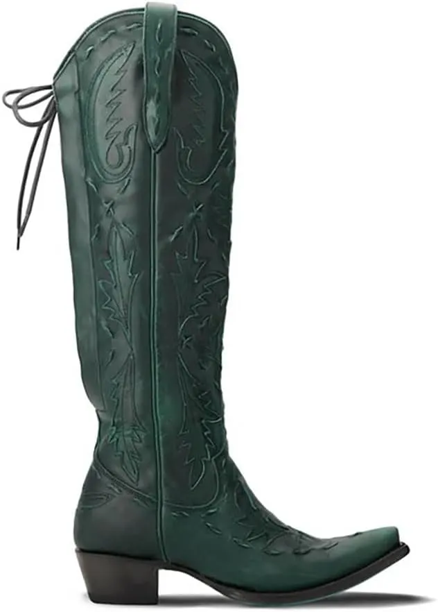 Knee High Cowboy Boots for Women Pointed Toe Side Zipper Cowgirl Boots Women's Back Lace up Chunky Heel Western shoes