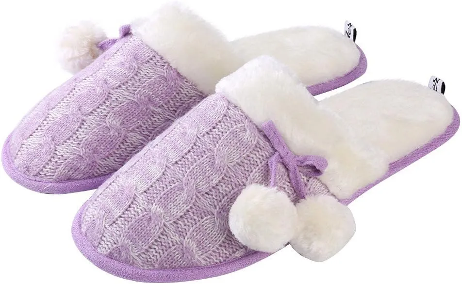 Knitted Women's Pom Pom Slip-on Home Slippers Lilac Size 8