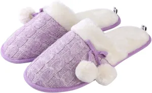 Knitted Women's Pom Pom Slip-on Home Slippers Lilac Size 8