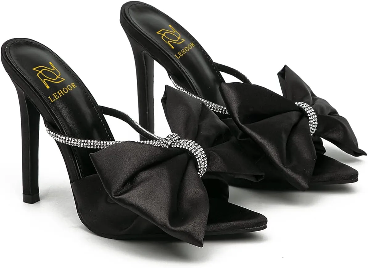 LEHOOR Women Satin High Heels Bow-Knot Mules Stiletto Heels Open Toe Slides Sandals Rhinestone Pointed Toe 4 Inch Heeled Wedding Party Dress Mule Sandal Shoes Backless Summer Slipper Ladies 5-10 M US