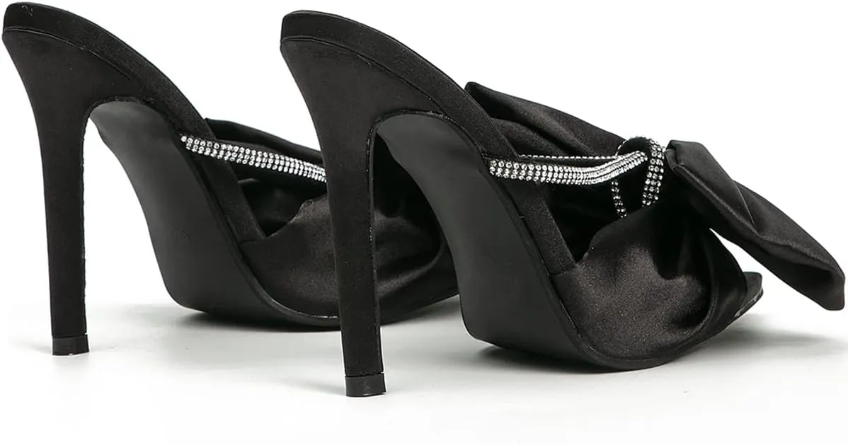LEHOOR Women Satin High Heels Bow-Knot Mules Stiletto Heels Open Toe Slides Sandals Rhinestone Pointed Toe 4 Inch Heeled Wedding Party Dress Mule Sandal Shoes Backless Summer Slipper Ladies 5-10 M US
