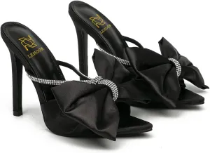 LEHOOR Women Satin High Heels Bow-Knot Mules Stiletto Heels Open Toe Slides Sandals Rhinestone Pointed Toe 4 Inch Heeled Wedding Party Dress Mule Sandal Shoes Backless Summer Slipper Ladies 5-10 M US