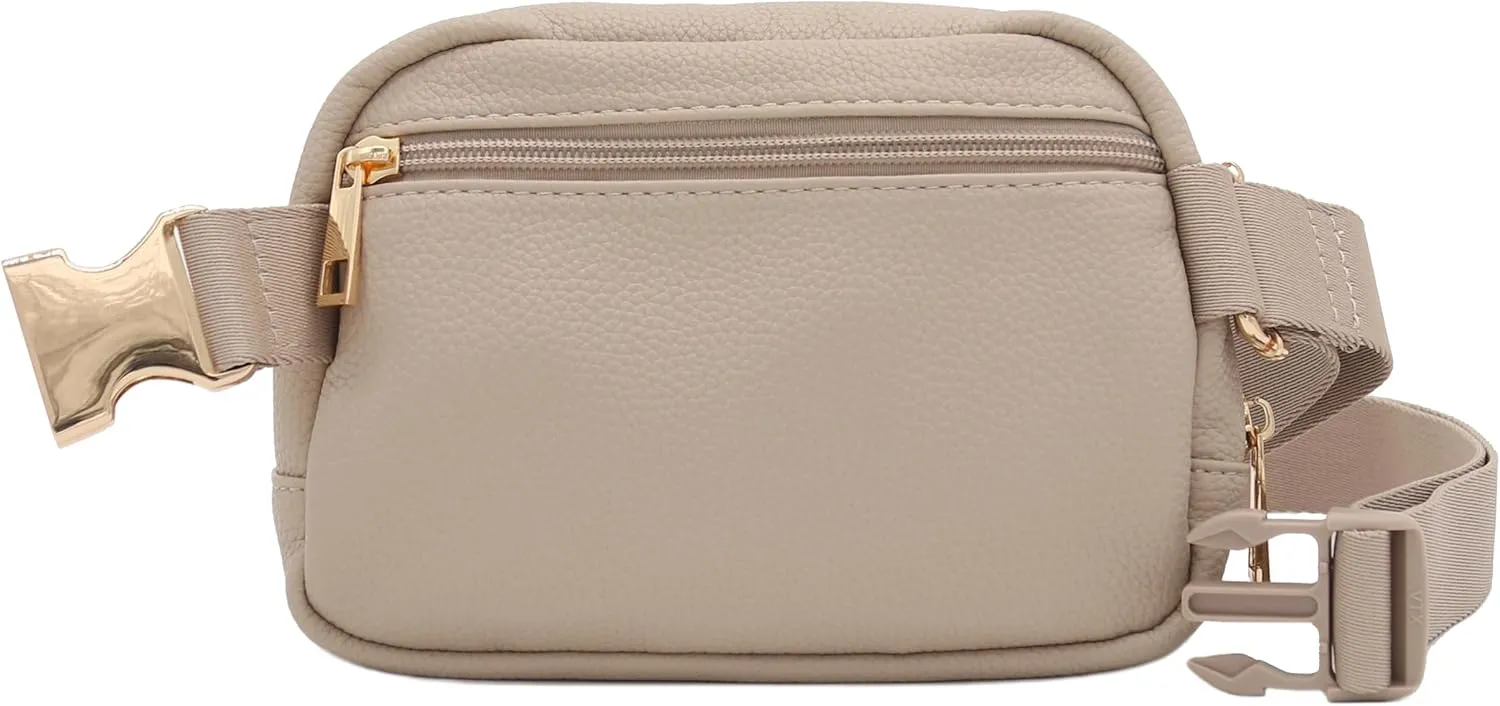 Lightweight Soft PU Pebbled Leather Everyday Sling Fanny Pack Belt Bag with Gold Metal Buckle (Travertine)