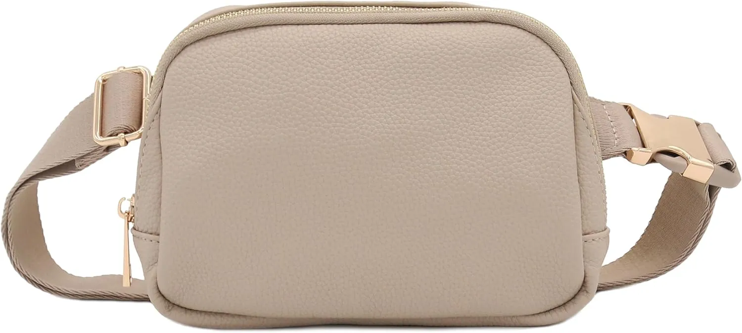 Lightweight Soft PU Pebbled Leather Everyday Sling Fanny Pack Belt Bag with Gold Metal Buckle (Travertine)