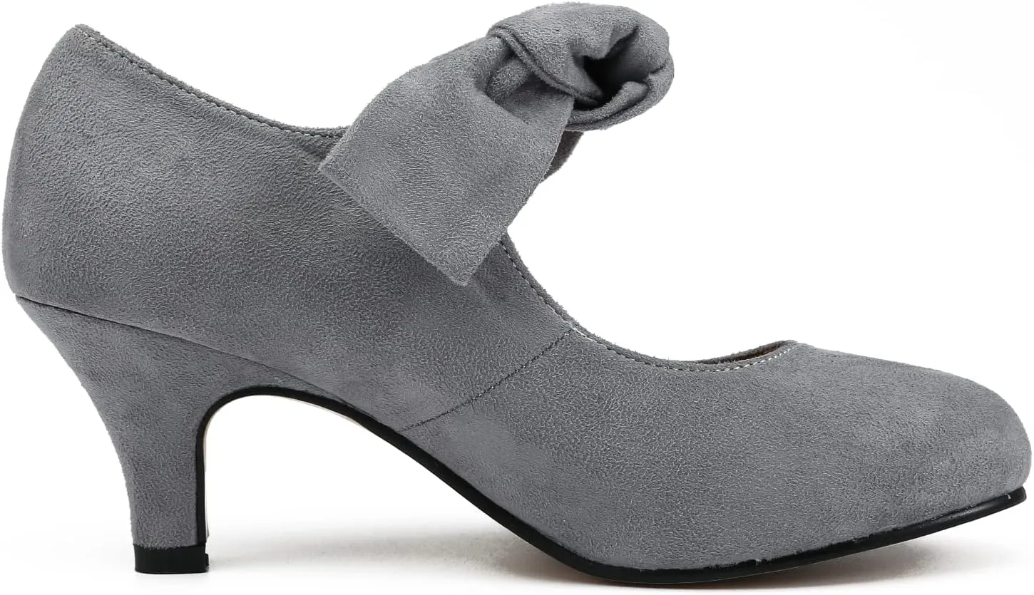 LIURUIJIA Women's Bow Heels Mary Jane Kitten Heel Pumps Round Toe Low Heels Ankle Strap Wedding Evening Party Dress Shoes