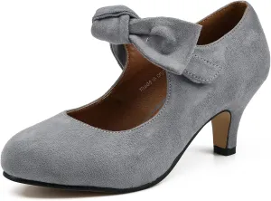 LIURUIJIA Women's Bow Heels Mary Jane Kitten Heel Pumps Round Toe Low Heels Ankle Strap Wedding Evening Party Dress Shoes
