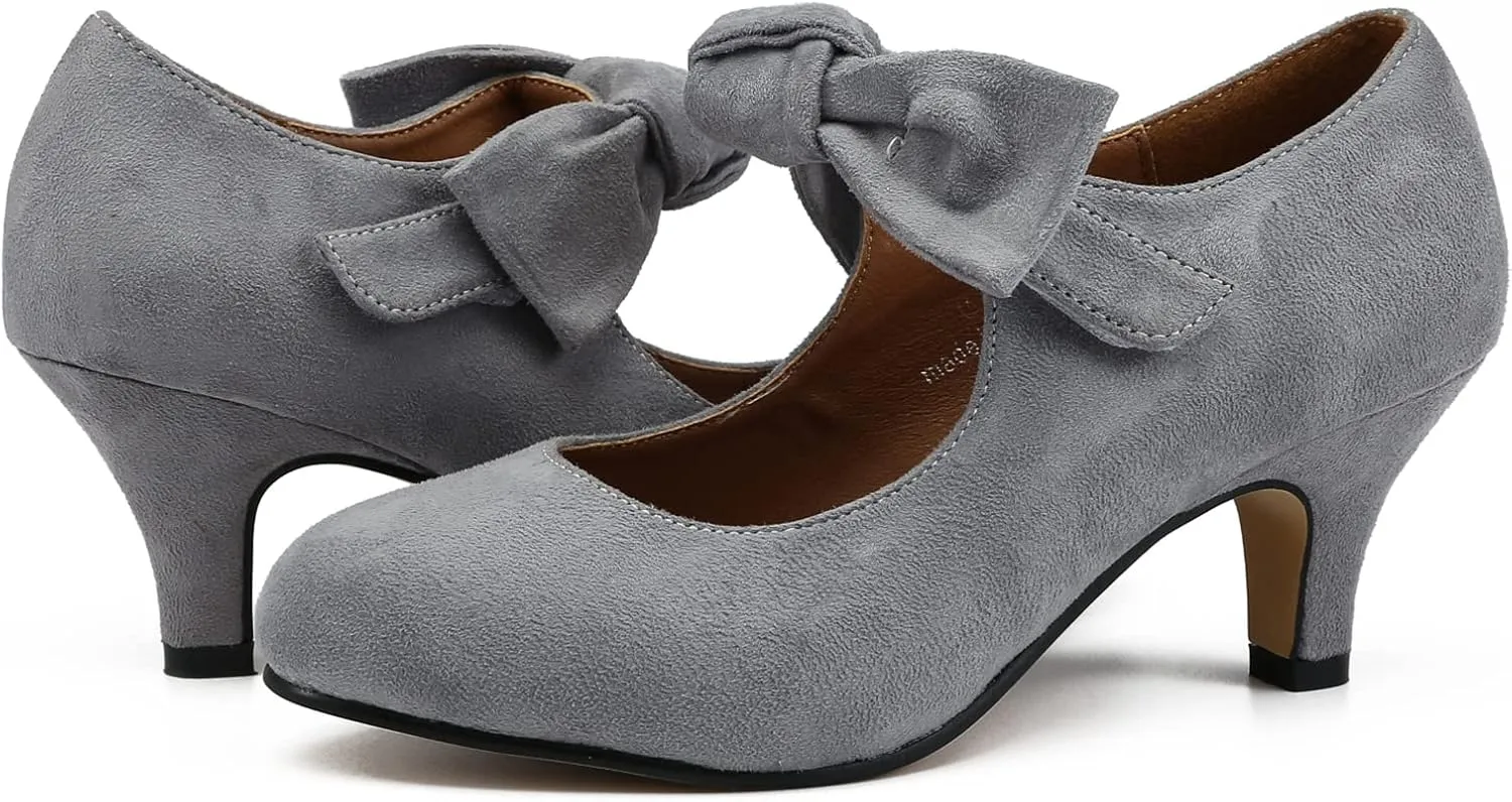 LIURUIJIA Women's Bow Heels Mary Jane Kitten Heel Pumps Round Toe Low Heels Ankle Strap Wedding Evening Party Dress Shoes