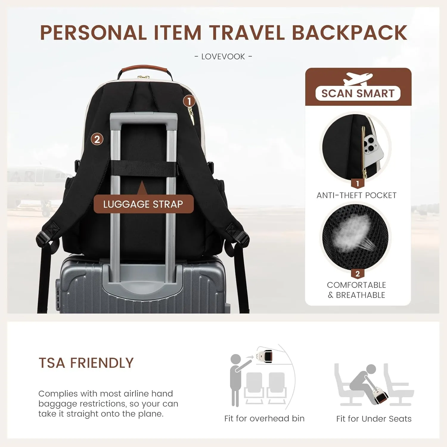 LOVEVOOK Laptop Backpack for Women with Pouch Pocket for Large Capacity Cup,15.6 Inch Laptop Computer Bag Travel Backpack Purse,Waterproof Work Business Backpack College Teacher Bags,Beige-Black-Brown