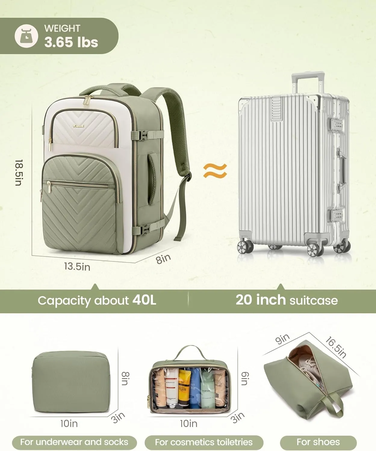 LOVEVOOK Travel Backpack Carry on Flight Approved 40L,Waterproof TSA Travel Essentials Personal Item Backpack for Women Men,Large Carry on Luggage Suitcase Travel Bag for Airplane with 3 Packing Cubes