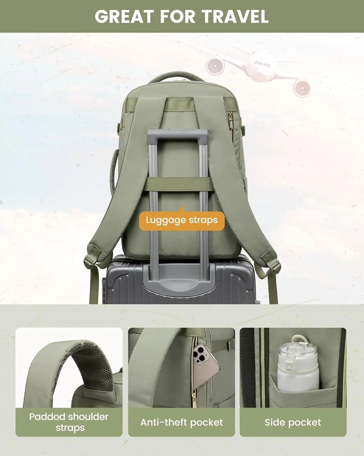 LOVEVOOK Travel Backpack Carry on Flight Approved 40L,Waterproof TSA Travel Essentials Personal Item Backpack for Women Men,Large Carry on Luggage Suitcase Travel Bag for Airplane with 3 Packing Cubes