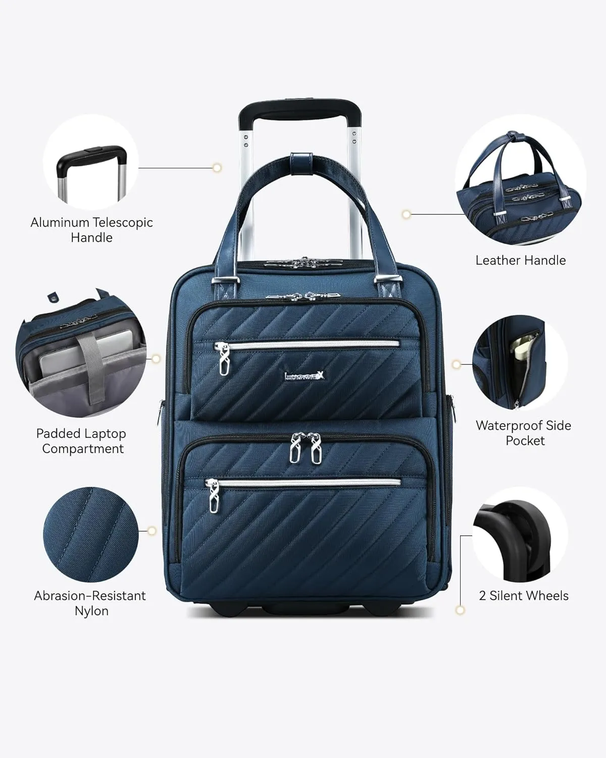 LUGGEX Underseat Carry On Luggage with Wheels, Stylish Lightweight Under Seat Luggage, Soft Sided Personal Item Suitcase for Short Trip (Blue Silver, 16 Inch)