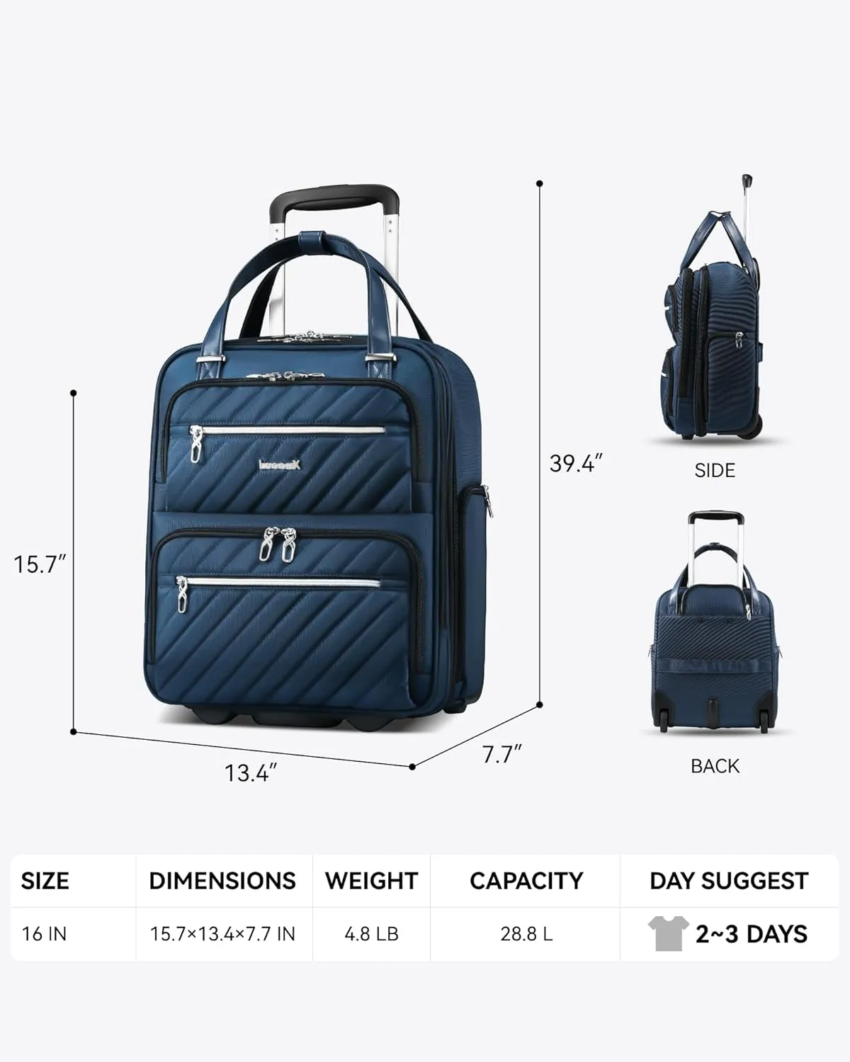 LUGGEX Underseat Carry On Luggage with Wheels, Stylish Lightweight Under Seat Luggage, Soft Sided Personal Item Suitcase for Short Trip (Blue Silver, 16 Inch)