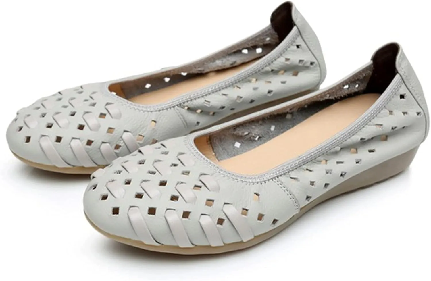 LUXINYU Women's Slip on Flats,Round Toe Hallow Flat Shoes, Soft Comfortable Cowhide Soft-soled Flats