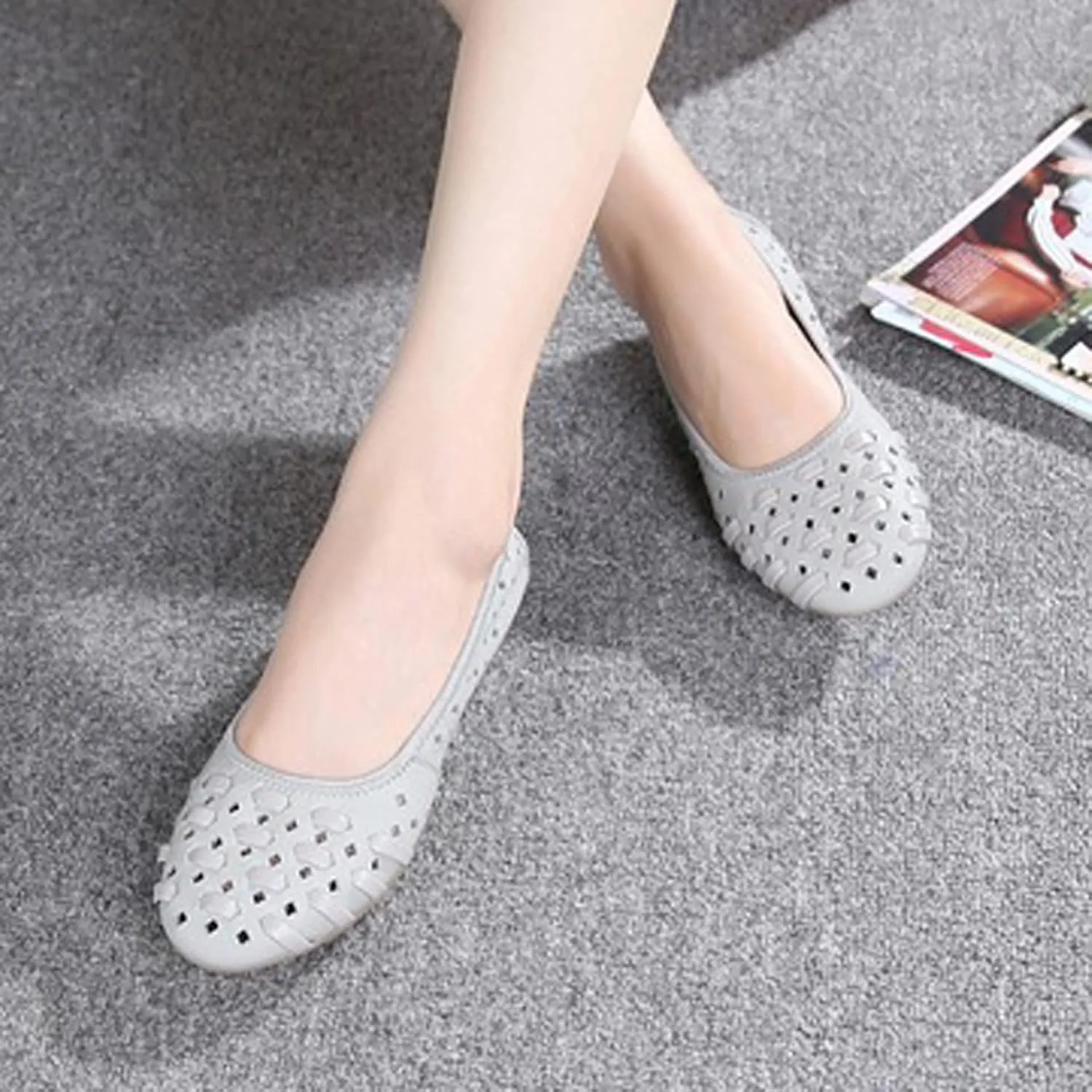 LUXINYU Women's Slip on Flats,Round Toe Hallow Flat Shoes, Soft Comfortable Cowhide Soft-soled Flats