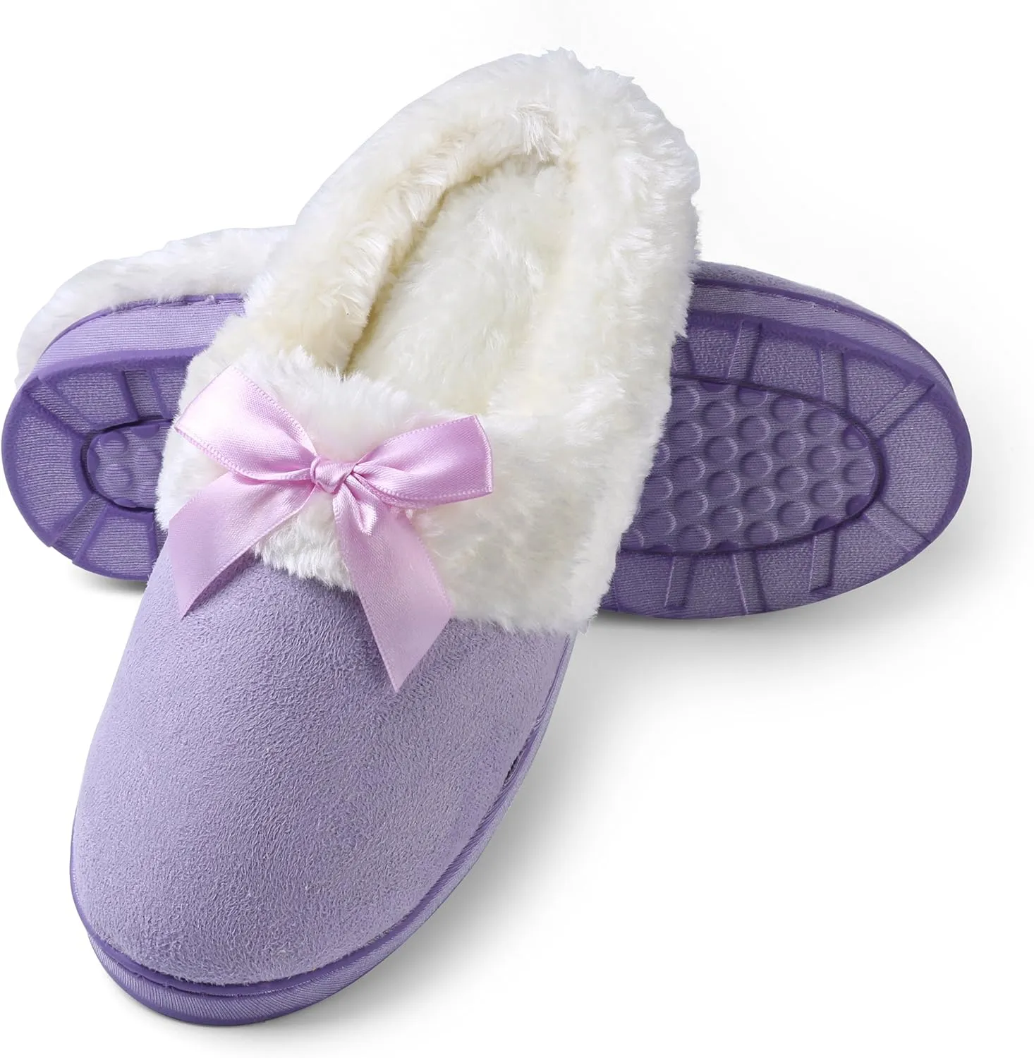 Luxurious Comfy Plush Slippers,Unique Ribbon bow Accent Pattern,Fleece Band and Interior,Non-slip Rubber Textured Sole