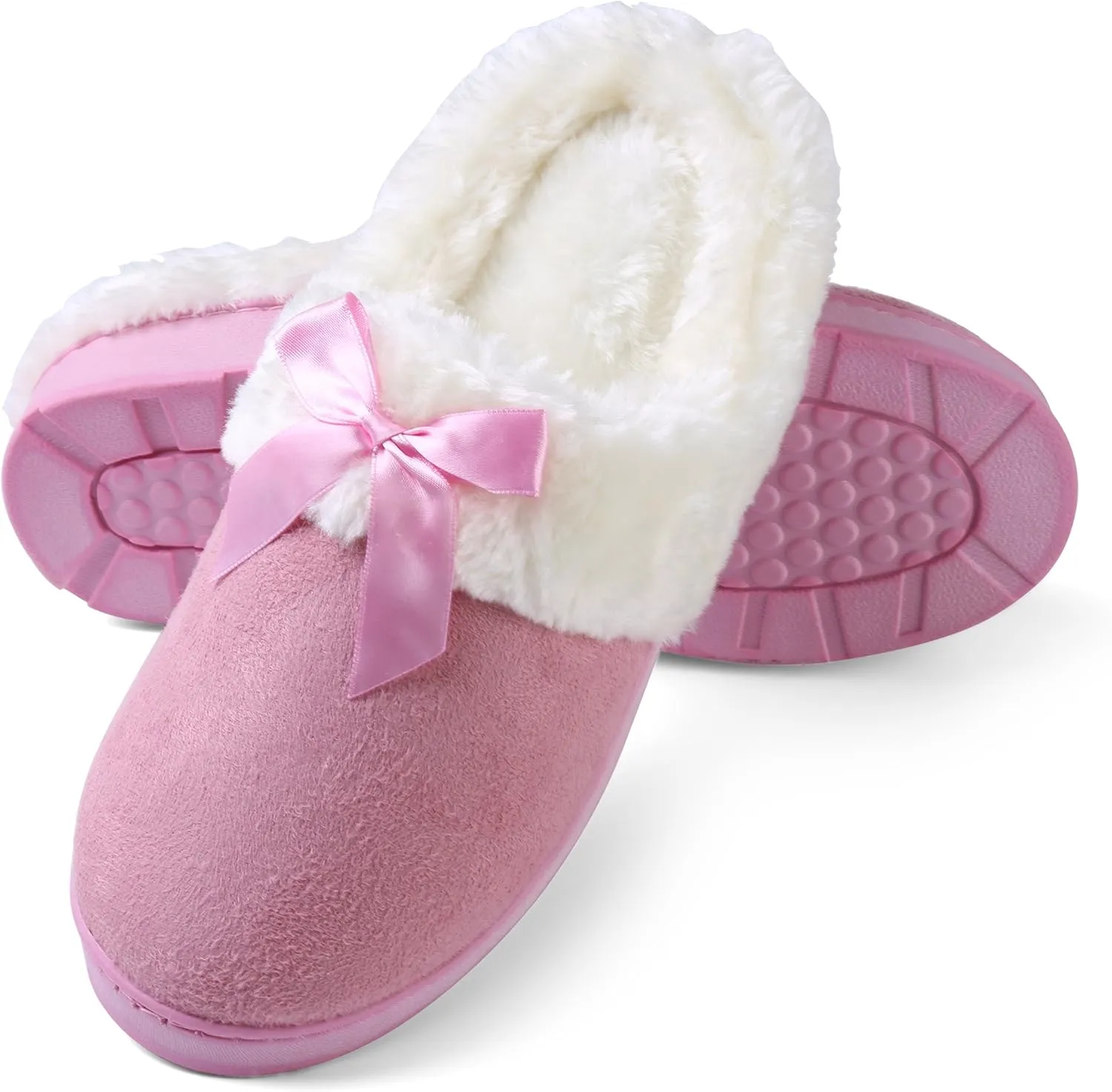 Luxurious Comfy Plush Slippers,Unique Ribbon bow Accent Pattern,Fleece Band and Interior,Non-slip Rubber Textured Sole