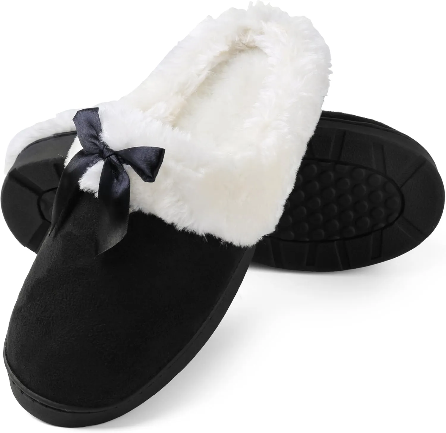 Luxurious Comfy Plush Slippers,Unique Ribbon bow Accent Pattern,Fleece Band and Interior,Non-slip Rubber Textured Sole