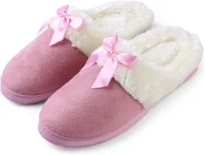 Luxurious Comfy Plush Slippers,Unique Ribbon bow Accent Pattern,Fleece Band and Interior,Non-slip Rubber Textured Sole