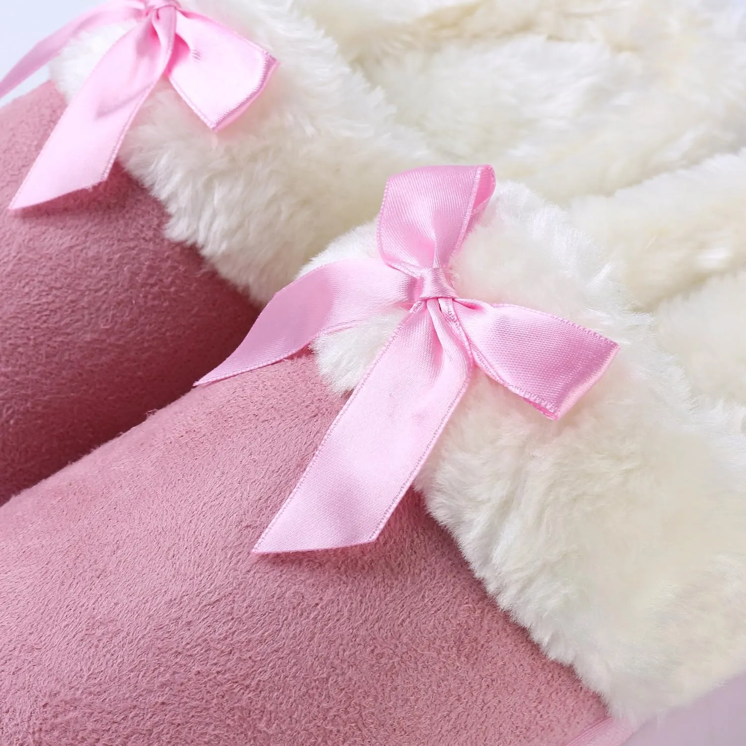 Luxurious Comfy Plush Slippers,Unique Ribbon bow Accent Pattern,Fleece Band and Interior,Non-slip Rubber Textured Sole
