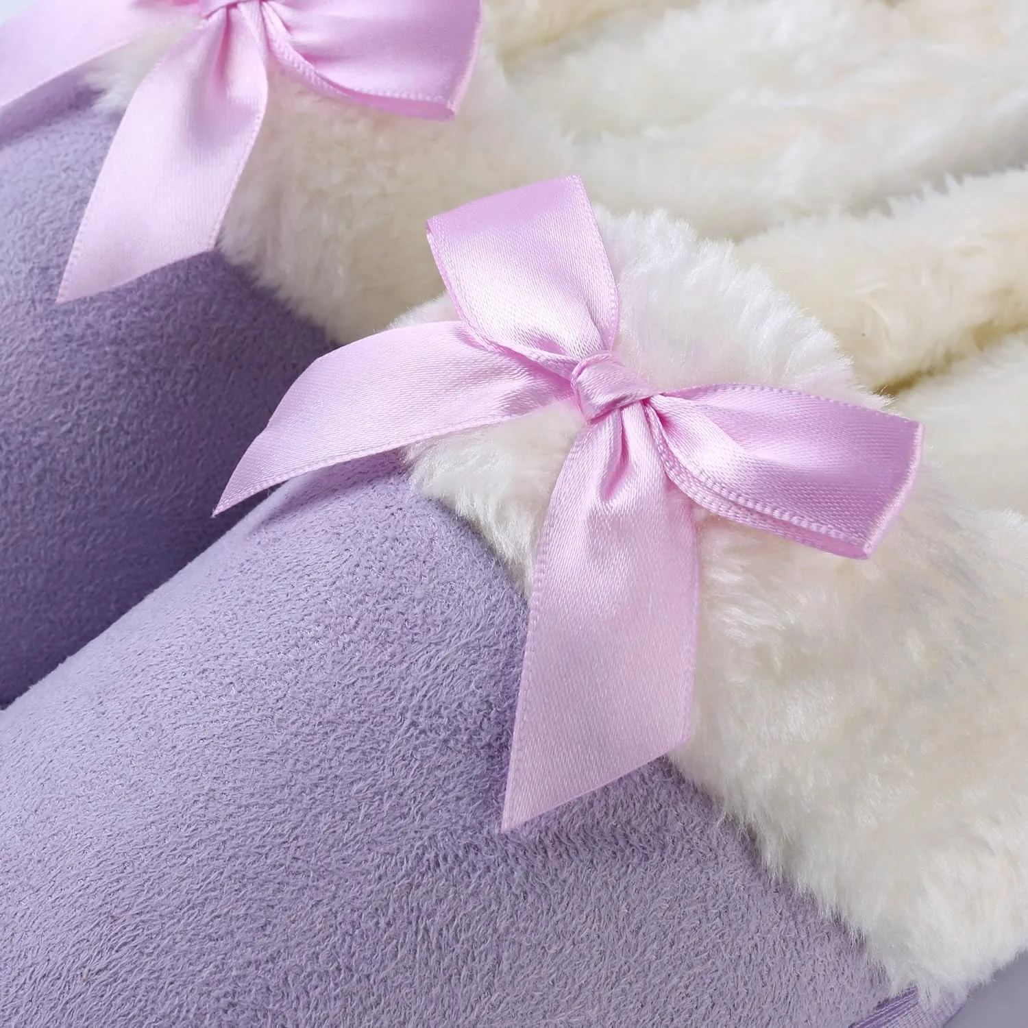 Luxurious Comfy Plush Slippers,Unique Ribbon bow Accent Pattern,Fleece Band and Interior,Non-slip Rubber Textured Sole