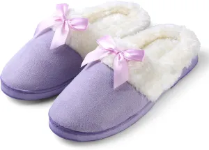 Luxurious Comfy Plush Slippers,Unique Ribbon bow Accent Pattern,Fleece Band and Interior,Non-slip Rubber Textured Sole