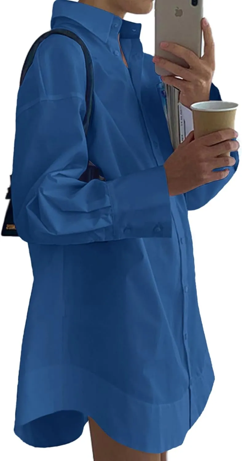 LYANER Women's Casual Shirt Dress Collar V Neck Button Down Loose Long Sleeve Mini Dresses
