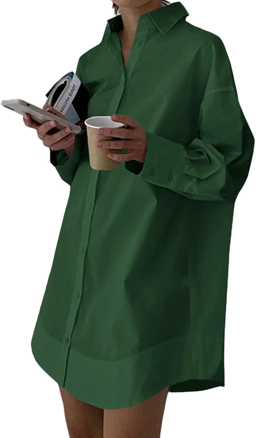 LYANER Women's Casual Shirt Dress Collar V Neck Button Down Loose Long Sleeve Mini Dresses