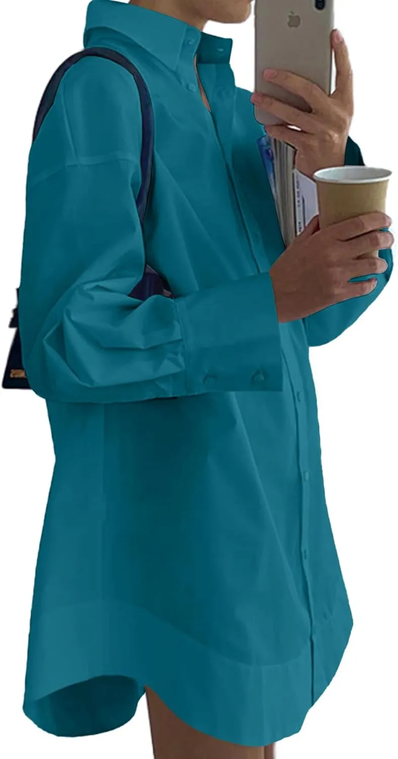 LYANER Women's Casual Shirt Dress Collar V Neck Button Down Loose Long Sleeve Mini Dresses