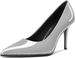 Mallyteeds Stiletto High Heels Pumps for Women 3.6 Inch Closed Toe Slip-on Beaded Pumps Party Wedding Dress Shoes Bride