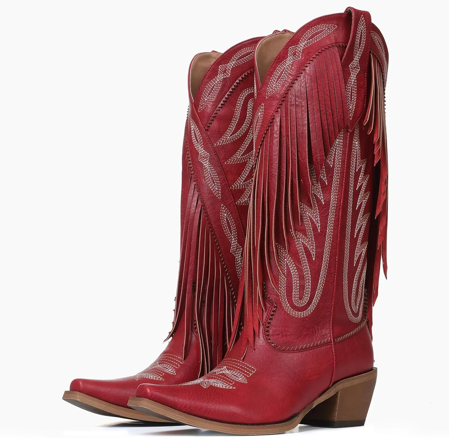 Mattiventon Cowboy Boots for Women Fringe Knee High Cowgirl Western Boots with Classic Embroidery Pointed Toe Chunky Heel for Weddings Parties