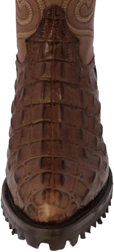 Mens Brown Leather Motorcycle Boots Crocodile Back Cut Print J Toe