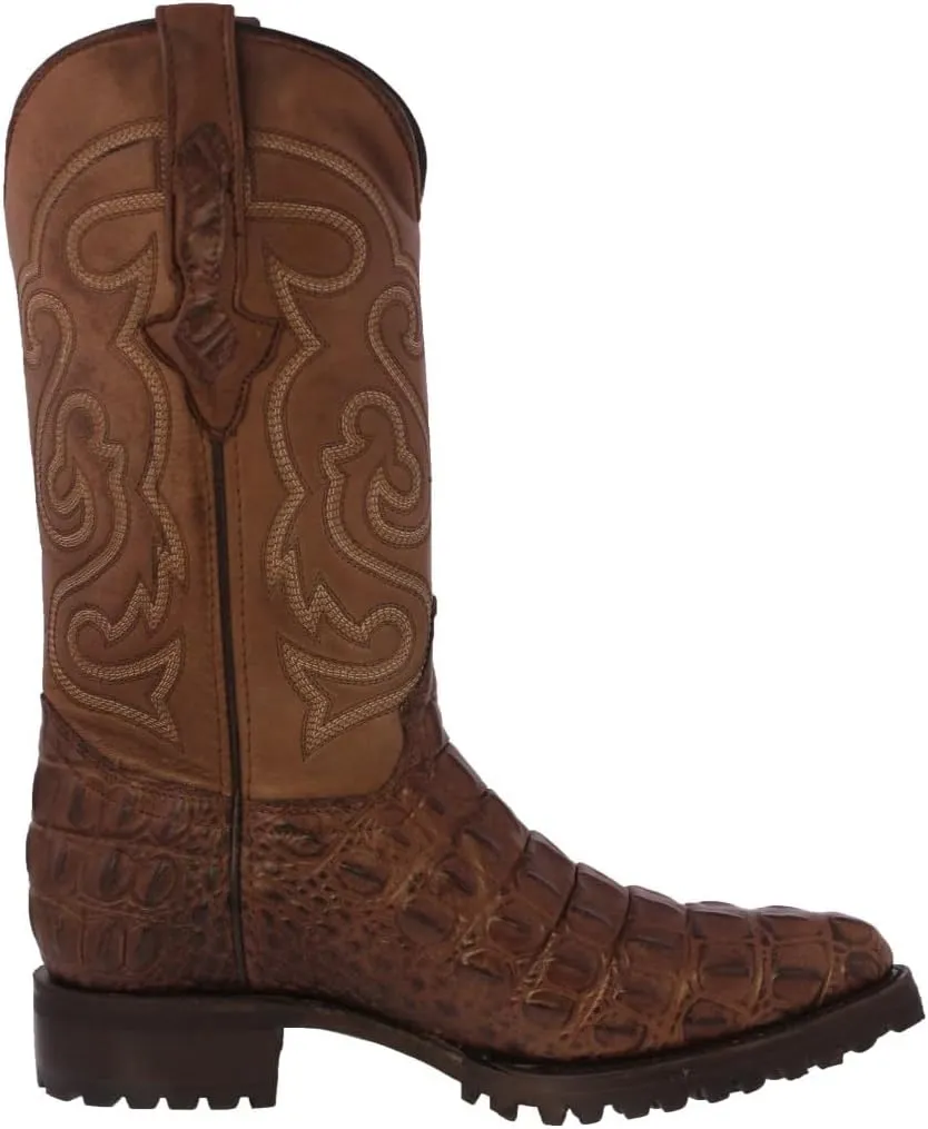 Mens Brown Leather Motorcycle Boots Crocodile Back Cut Print J Toe
