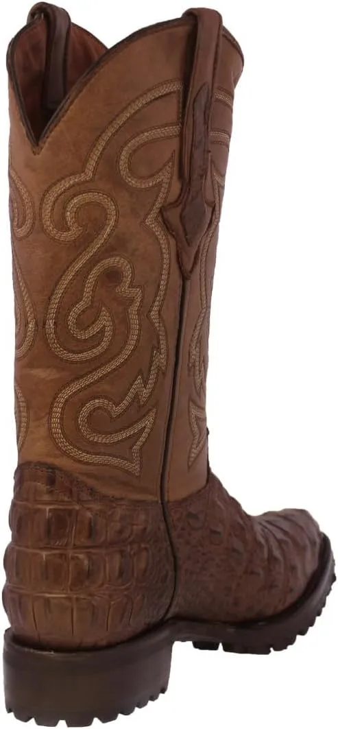 Mens Brown Leather Motorcycle Boots Crocodile Back Cut Print J Toe