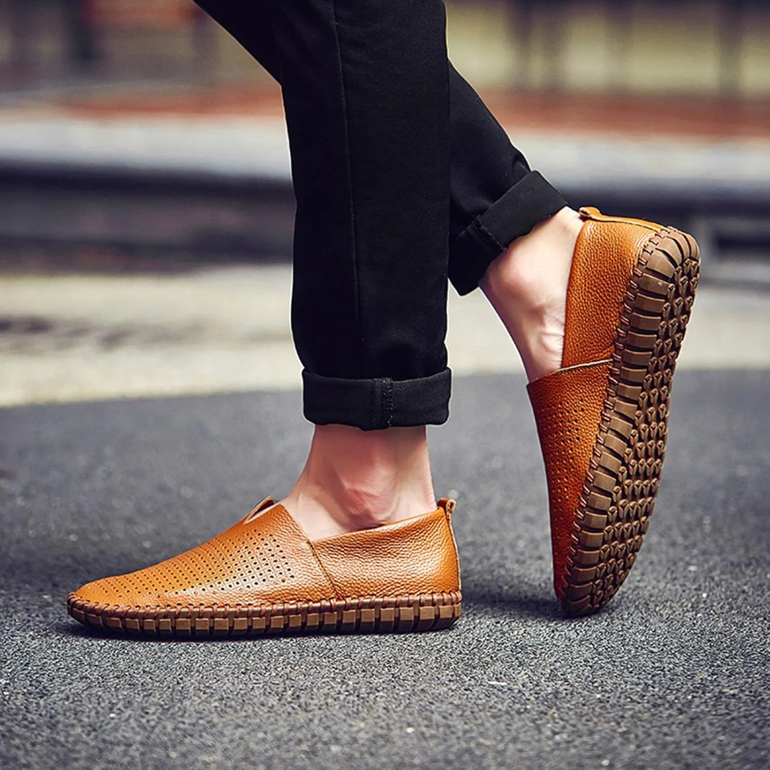 Men's Genuine Leather Loafer Flats Slip-On Soft Handmade Sole Summer Hollowed Casual Driving Shoes
