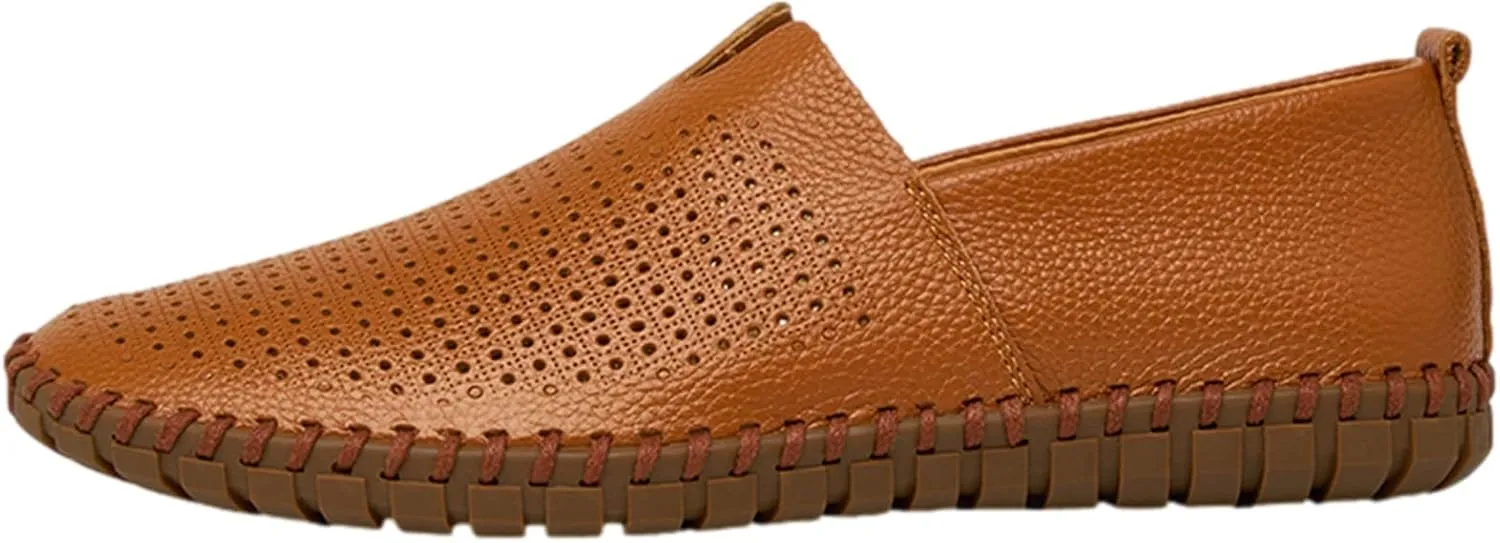 Men's Genuine Leather Loafer Flats Slip-On Soft Handmade Sole Summer Hollowed Casual Driving Shoes