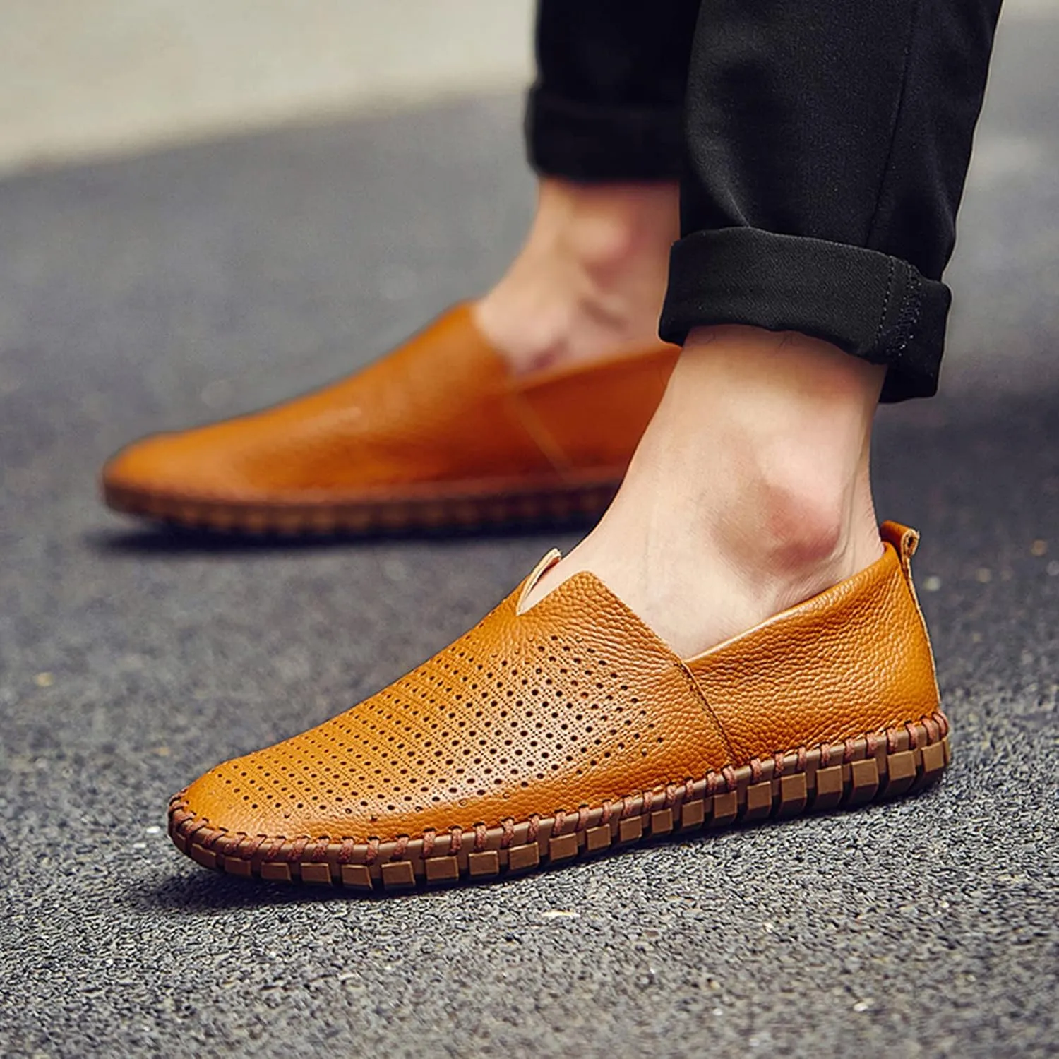 Men's Genuine Leather Loafer Flats Slip-On Soft Handmade Sole Summer Hollowed Casual Driving Shoes