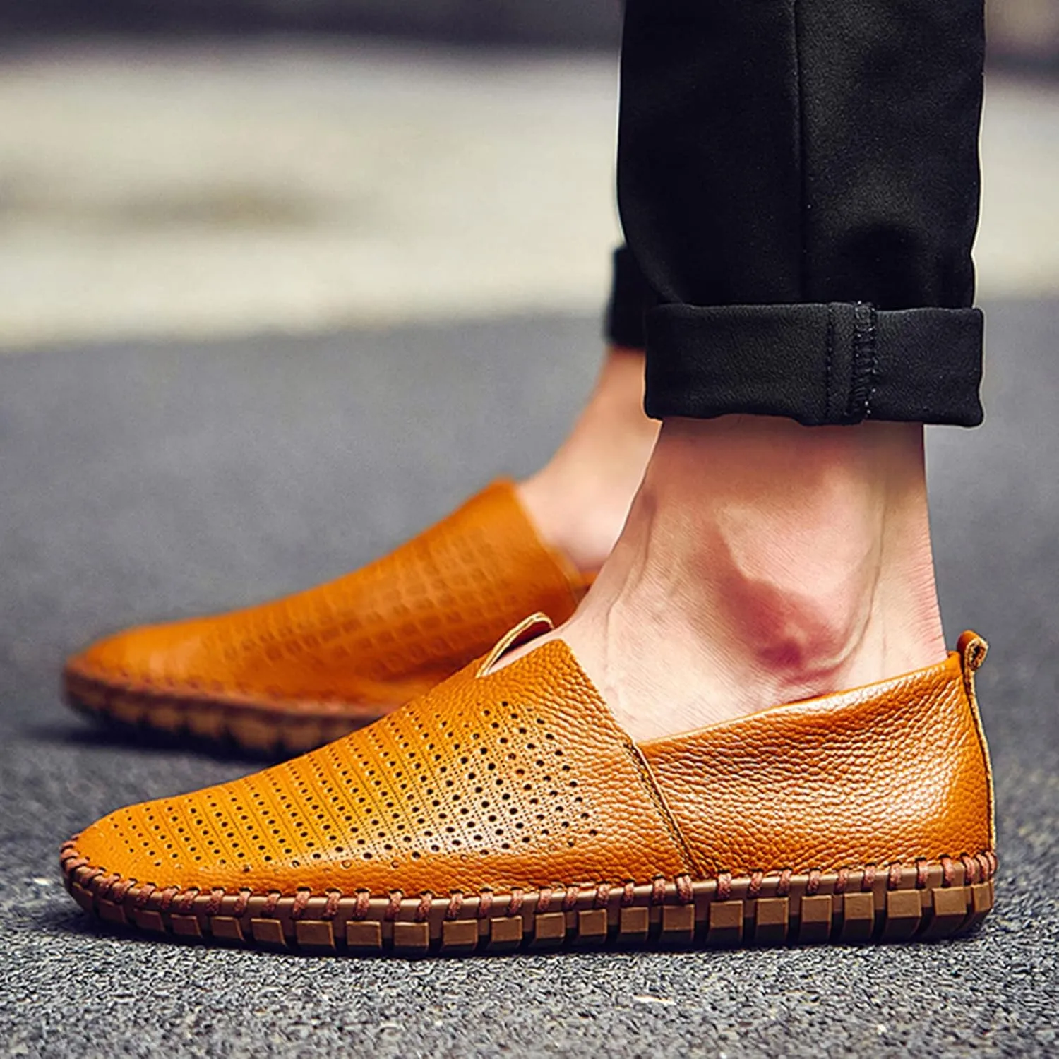 Men's Genuine Leather Loafer Flats Slip-On Soft Handmade Sole Summer Hollowed Casual Driving Shoes